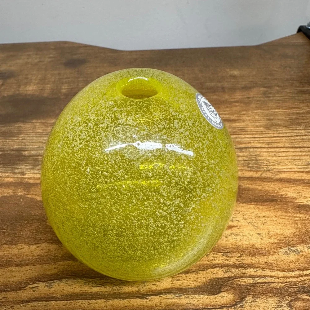 RBG Handmade Art Glass Bud Vase Yellow Green Seeded Bubble Sphere Vietnam